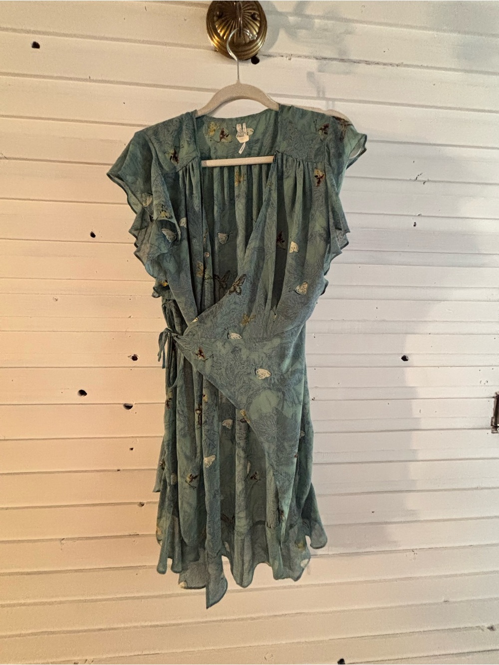 Anthropologie Teal Floral Wrap Midi Dress/ Shirt with Ruffle Cap Sleeves